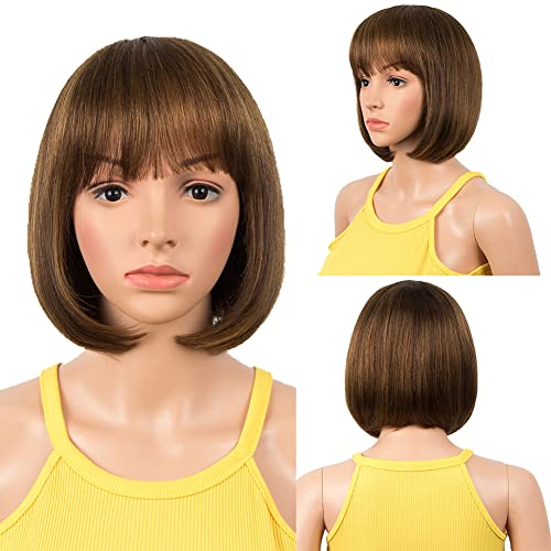 DÉBUT Echthaar Perücke mit Pony kurz Perücke Bob Pixie 10A brasilianisches Virgin Remy Hair 20cm 103g (P4/30: Ombre Mittelbraun mit hellem Rotbraun)