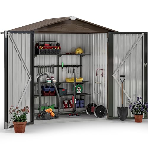 YITAHOME Gartenhaus, abschließbar, verzinktes Metall, Outdoor-Schuppen, wasserdicht, mit 4 Lüftungsschlitzen für Fahrrad, Werkzeug, Rasenmäher, Braun, 171 x 118 x 184 cm