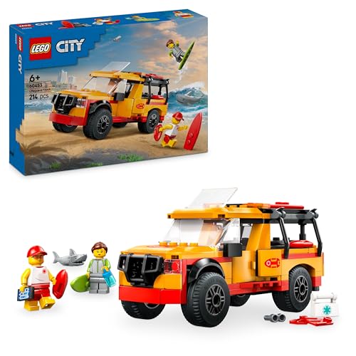 LEGO City Einsatzfahrzeug der Rettungsschwimmer - Geländewagen Spielzeug mit 2 Minifiguren und Hai - Bauset für Mädchen und Jungen ab 6 Jahren - Geschenkidee für Surfer und Wassersportfans 60453