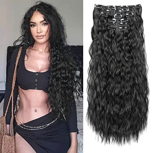 FLUFYMOOZ Clip in Extensions, 60cm 6PCS Lange gewellt Wellige Clip in Haarverlängerungen Dickes Natürliches Weiches Synthetisches Haarteil Für Frauen Mädchen Natürliches Schwarz
