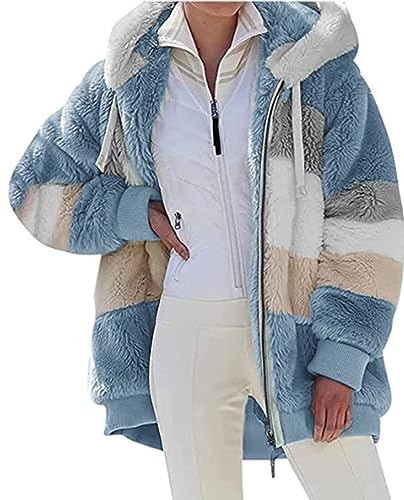 Fleecejacke Hoodie Damen Kapuzenpullover Teddy-Fleece Warm Herbst Wintermantel Stilvoller ReißVerschluss Fellmantel PlüSchjacke Mit Taschen (Blau, M)