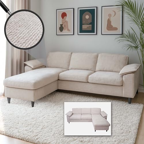 Mendler Sofa-Garnitur HWC-O71, Couch Ecksofa L-Form, Liegefläche Links/rechts, Stoff (320 g/m²) Holz 84x229x140cm - beige