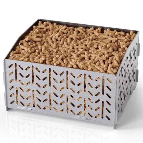 OUSFOT Pelletkorb für Kaminofen aus Edelstahl 430, Pelletbehälter, 30 x 25 x 17 cm, 2,8 kg, Tragbar, Granulatkorb für Einlage, Pelletbrennkorb für Holzofen, Offener Kamin