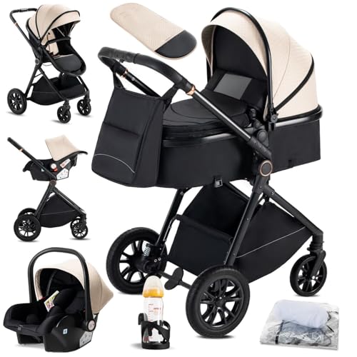 KAVELLIN Kinderwagen 3 in 1, Kinderwagen, Zusammenklappbar kombikinderwagen 3 in 1 komplettset inkl. Becherhalter, Moskitonetz, Fußabdeckung, Regenschutz, Kinderwagen for 0-36 Monate, Creme