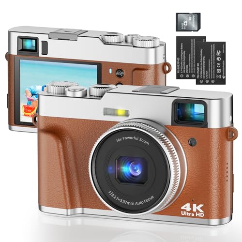 Digitalkamera 4K 48MP Autofokus Fotokamera mit Optischem Sucher, Vlogging Digital Kamera mit 32G SD-Karte 16X Zoom 2 Akkus Fotoapparat Kompaktkamera für Anfänger, Erwachsene, Jugendliche-Braun