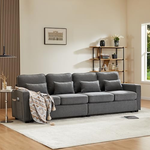 Merax Sofa 4 Sitzer Couch aus Leinenstoff, Big Sofa mit Bequeme Polsterung, für Wohnzimmer/Schlafzimmer/Gästezimmer, mit Armlehnen-Taschen und 4 Kissen, Dark Gray