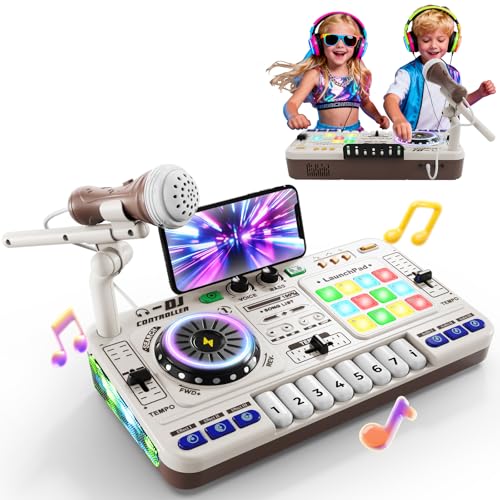DJ Pult DJ Mischpult für Kinder 3-10 Jahre DJ Mixer DJ Controller Musikinstrumente mit Mikrofon 100+ Soundeffekten Licht Akku Ideales Geschenk Spielzeug für DJ-Mixer Jungen Mädchen 4 5 6 7 8 9 Jahre