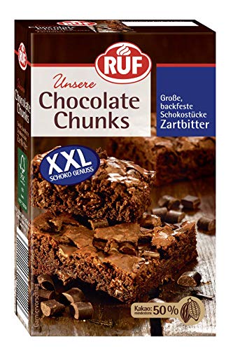 RUF Chocolate Chunks Zartbitter, Backfeste, dunkle Schokoladen-Tropfen, XXL Schoko-Drops zum Backen, vegane Schokoladen-Stücke, glutenfrei, 1x100g