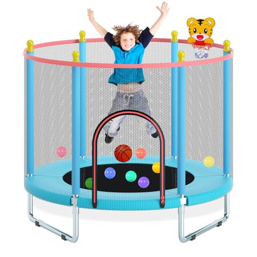 150cm Kindertrampolin für Indoor und Outdoor mit Sicherheitsnetz, Basketballkorb und robuster Sprungmatte – Wasserdicht, Verstellbar und bis 200 kg belastbar
