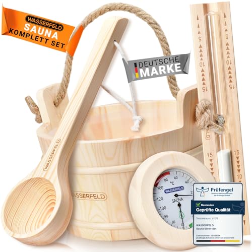 WASSERFELD® Sauna Eimer Set (4 Liter) - Hochwertiger Sauna Eimer mit Kelle, Sanduhr, Thermo- & Hygrometer - Hitzebeständiger Saunakübel 4L inkl. Einsatz & Hanftrageseil - Sauna Zubehör Set