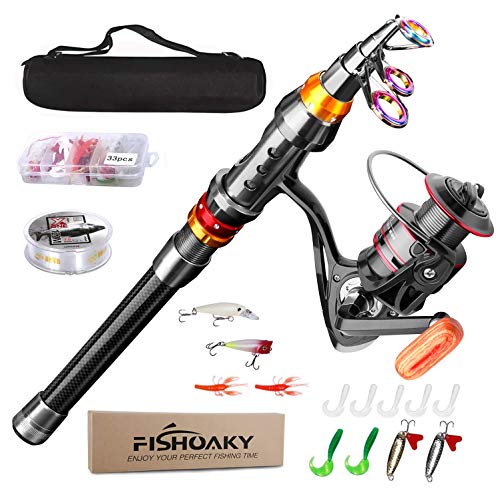Angelrute Set Komplett, FISHOAKY Carbon Fiber Angelruten Teleskoprute und Spule Combo Kit mit Angelschnur Angelköder Set und Tragetasche für Kinder Erwachsene Salzwasser Süßwasse Fishing, 1,8M