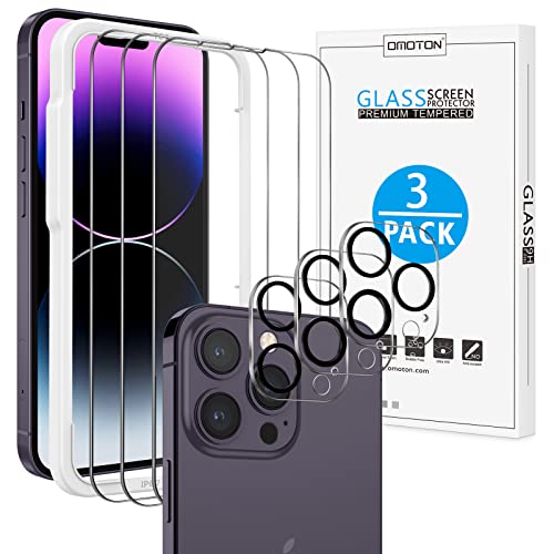OMOTON für iPhone 14 Pro Panzer Schutz Glas mit Rahmen-Installationshilfe, kompatibel mit iPhone 14 Pro Kamera Schutzfolie, [3+3 Stück], [Anti- Kratzer], [Bläschenfrei], [9H Härte], [HD-Klar]