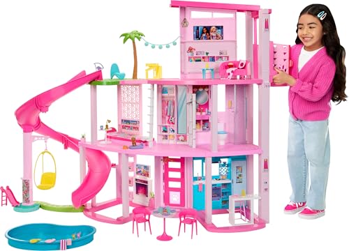 Barbie Traumvilla, 3-stöckiges Barbie-Haus mit 10 Spielbereichen inklusive Pool, Rutsche, Aufzug, 75 Puppen-Accessoires, Spielzeug-Welpe, Spielzeug für Kinder ab 3 Jahre, HMX10