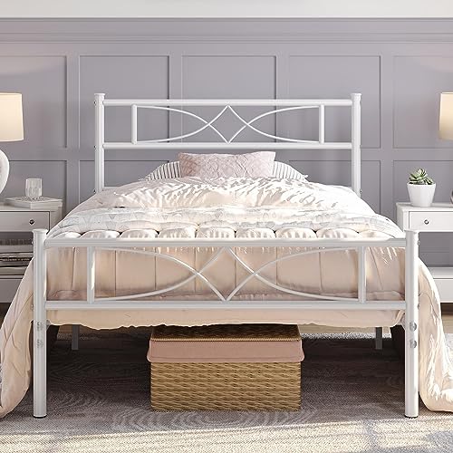 Yaheetech Metallbett 90 x 200 cm Bettrahmen mit Hohem Kopfteil Gästebett mit Lattenrost für Schlafzimmer Gästezimmer Viel Stauraum unter dem Bett Weiß