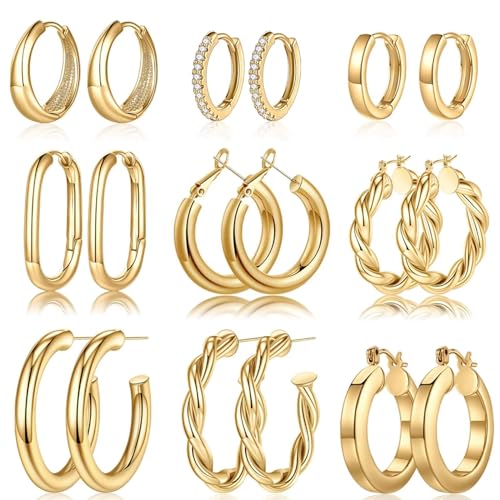 TINGN Gold Hoop Ohrringe - 14k Gold plattiert Small Creolen Ohrringe Set für Frauen Trendy Hypoallergenic Womens Hoops Huggie Ohrstecker, Goldschmuck für Frauen, Weihnachtsgeschenke für Frau