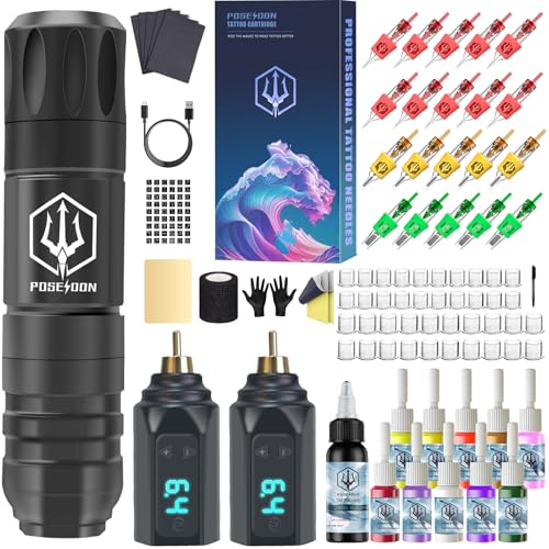 POSEIDON Wireless Tattoo Maschinen Set mit 20 Tattoo-Kartuschennadeln, Tintenset & 2 Akkus | Professionelles Tattoo-Gerät für Anfänger | Komplettes Starter-Set (HM122)