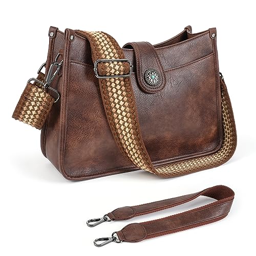 APHISON Umhängetasche Damen Handtasche Mittelgroß braune Crossbody Bag mit Breiter Gurt Hobo Bag Schultertasche veganem Leder Tasche 2 Schulterriemen Kartenschlitz Reisetasche