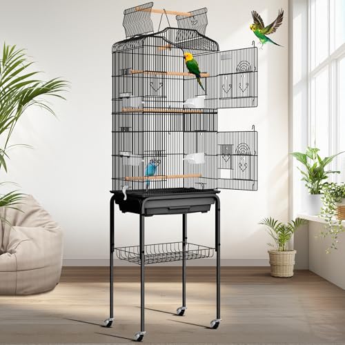 VIVOHOME Vogelkäfig mit 162cm hoch Vogelbauer mit Spieldach & Rollständer Wellensittich Kanarien mit Freisitz und Zubebör mit Ständer