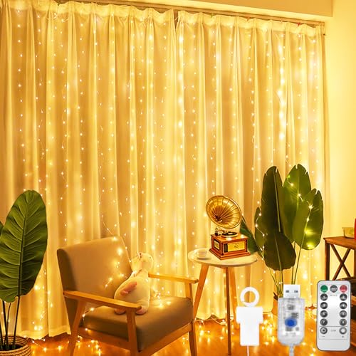 CNMTCCOLichtervorhang,2mx2m 200 LED lichterketten Vorhang Innen,8 Modi LED Lichterkette,hängend USB Lichtervorhang,Lichterkette für Innen Outdoor,Zimmer,Party,Balkon deko,Weihnachtsdeko(Warmweiß)