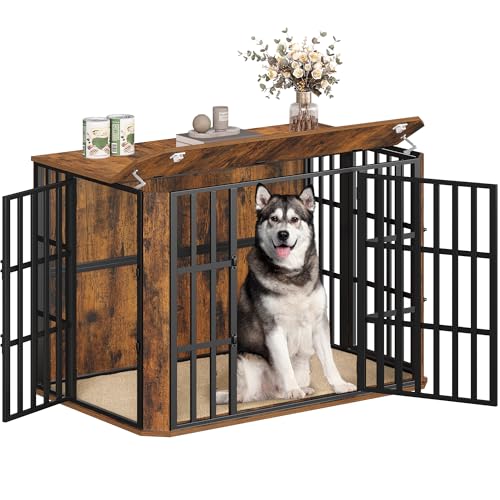 Hzuaneri Hundekäfig Möbel, Hochbelastbar Hundebox aus Holz für den Innenbereich mit Futtertür Oben, Mehrtür-Design, Großer Hundekäfig-Beistelltisch, 120 x 75 x 81 cm, Vintage Braun DFC86801B