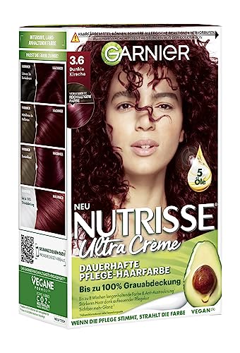 Garnier Nutrisse Dauerhafte Pflege-Haarfarbe mit nährenden Fruchtölen, Coloration mit 8 Wochen Halt, Ultra Crème Tönung, 36 Dunkle Kirsche