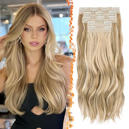 BARSDAR Clip in Hair Extensions, 50cm Wellige Clip in Extensions Blond für Frauen 5PCs Voller Kopf Haarverlängerungen Synthetisches Haarteil Haarextension - Glodenblond Gemischt