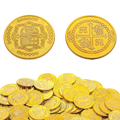 DSLSQD 100 Stück Goldmünzen,Piratenschatz Goldmünzen Spielzeug,Kunststoff Goldtaler,Spielmünzen,Künstliche Goldmünzen,für Kindergeburtstag Gastgeschenke Piraten Abenteuer Schatzsuche Veranstaltung