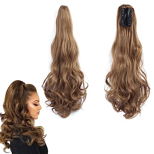 prinfantasy Haar Extensions Haarteile Zum Anstecken Ponytail Extension mit Klammer Braun Lang Pferdeschwanz Haarteil Dicker Locken Kunsthaar wie Echthaar Haarverlängerung MW007