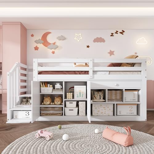 Kinderbett 90x200 Einzelbett, Hochbett mit Stauschrank, Schreibtisch und Treppe, Regal & Schubladen & Schließfach, Holzbett Stauraumbett Funktionsbett Jugendhochbett mit Lattenrost,Ohne Matratze,Weiß