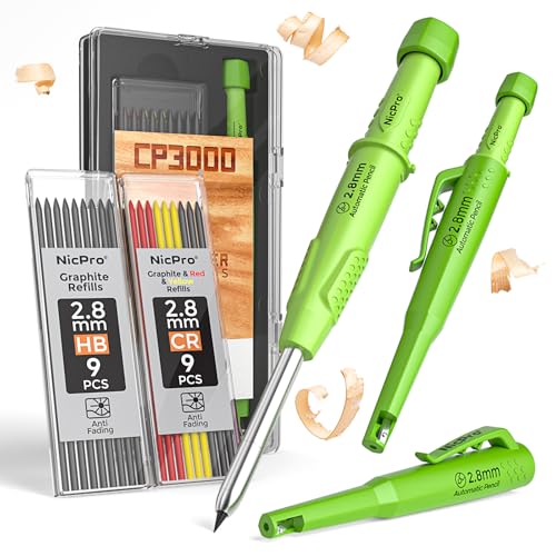 Nicpro CP3000 Zimmermannsbleistifte mit Spitzer, 2,8 mm Druckbleistift mit 19 Minen, Tieflochmarker für Bauarbeiten, robuster Bleistift Baustelle, Tischlerwerkzeuge für Architektenmarkierungen (grün)