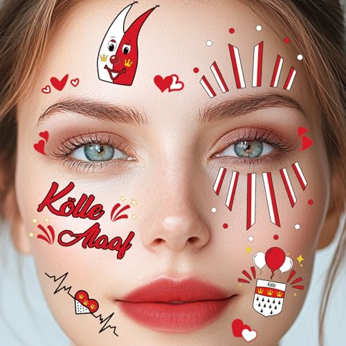 Gesichtstattoo Karneval, 2 Blatt Kölner Karneval Kostüm Damen Herren Gesicht Aufkleber, Klebetattoos Kölle Alaaf Rot Weiss Herz Face Fake Tattoos, Erwachsene Kinder Fasching Schminke Accessoires