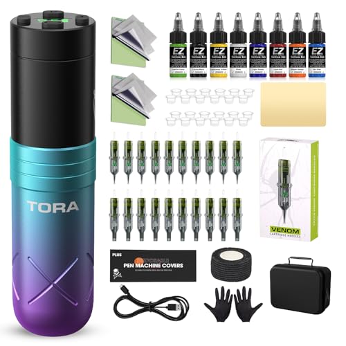 EZ Tattoo Maschinen Set - Tattoo Set mit Kabelloser Tattoo Maschine, 1600mAh Stromversorgung Akku, 20 Stück Tattoo Nadeln für Tattoo Anfänger und Künstler (Tora Blau Violett)