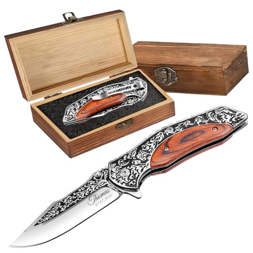 PolyYL Personalisiertes Klappmesser Taschenmesser aus Edelstahl mit Einem Holzgriff Als Geschenk für Männer Vatertag Geburtstag oder Weihnachte