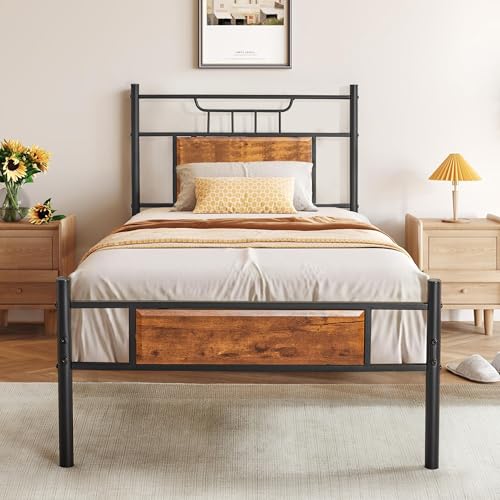 VECELO Bett 90x200 cm mit Holzkopfteil, Holz Metallbett mit Lattenrost, Bettgestell Bettrahmen aus Metall, Einzelbett Jugendbett Gästebett, perfekt für Schlafzimmer, Braun