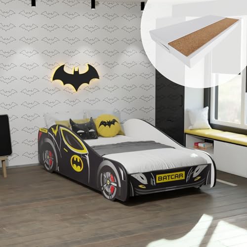 Kids Collective Autobett 80x160 cm Kinderbett Jugendbett mit Rausfallschutz & Matratze | Kinder Spielbett Batman Batmobil Bat Car Auto Bett in schwarz | von 3. bis 10. Lebensjahr
