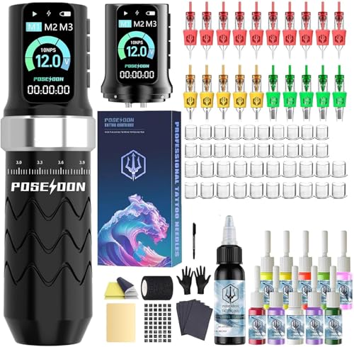 POSEIDON Kabellose Tätowiermaschine Kit mit 7 Hub-Einstellungen, zwei 2300mAh Akkus, Normal-/Punktier-Modus & LED-Display - Professionelles drahtloses Tätowiergerät für Anfänger (HM145)