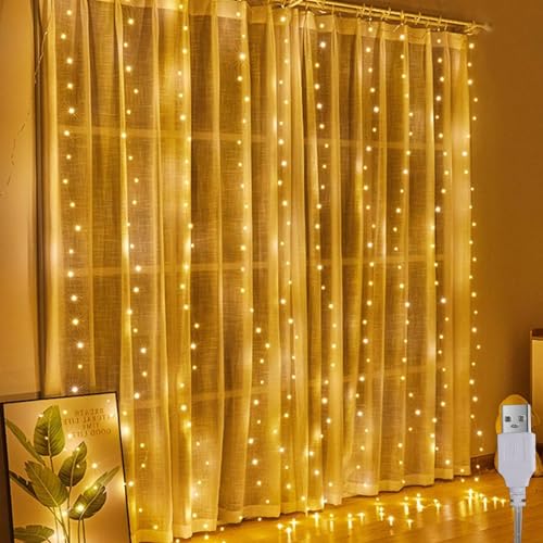 A.bigwhale Lichtervorhang 2x2m, lichterketten Vorhang Innen, 200 LED lichterkette hängend USB Lichtervorhang Warmweiß für Ramadan Hochzeit Party Weihnachten Wand Schlafzimmer Deko
