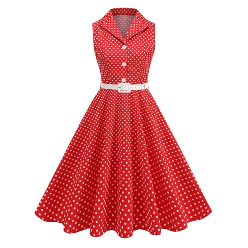 EFOGEP Damen Vintage 1950s Rockabilly Swing Kleid Elegant Polka Dot Revers Cocktail Audrey Hepburn Style Formal Prom Tea Party Midi Kleider mit Gürtel Rot XL