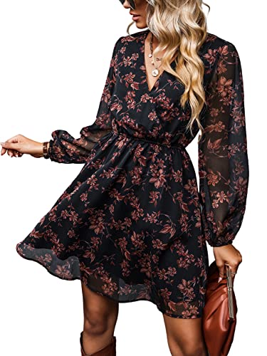 CUPSHE Damen Kleid Wickeloptik V Ausschnitt Langarm Blumenmuster Chiffon Freizeitkleider Wickelkleid Party Mini Dress Blumen L