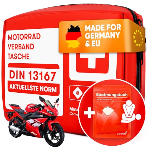 PURAHELP Motorrad Verbandskasten nach aktueller Norm 2025 DIN 13167 (StVO konform) - Inkl. Beatmungstuch - Motorrad Erste Hilfe Set 2025 Mini Klein