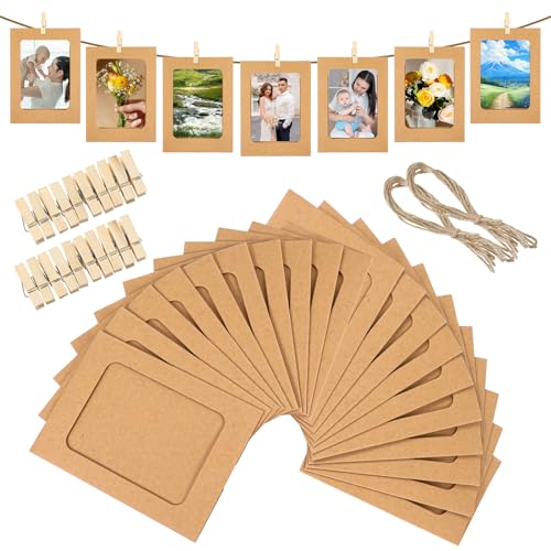 Ouligay 20 Stück Fotogirlande Papier Bilderrahmen 10x15 cm Pappe Fotorahmen zum Aufhängen mit 20 Holzklammern und 2 Hanfseil, Foto Girlande für Geburtstag Hochzeit Party Schule Wanddekor