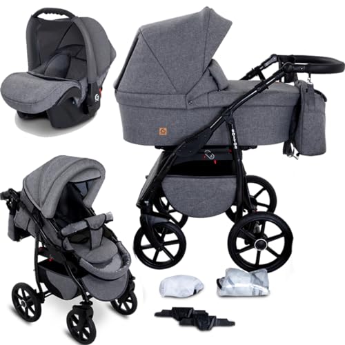 GaGaDumi Boston Kinderwagen 3 in 1 Komplettset mit Autositz - Kombikinderwagen mit großen Rädern - TÜV-zertifiziert - Baby Stroller Set - für Neugeborene und Kleinkinder Grau Jeans