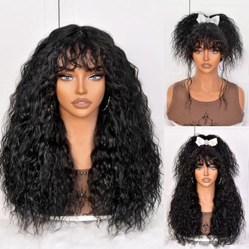 Lizzy Schwarze Locken perücke mit Pony für Schwarze Frauen Lange gelockte Echthaar Perücke Klebstofffrei Schwarze Perücke für den täglichen Gebrauch, realistisches Aussehen mit echtem Haaransatz