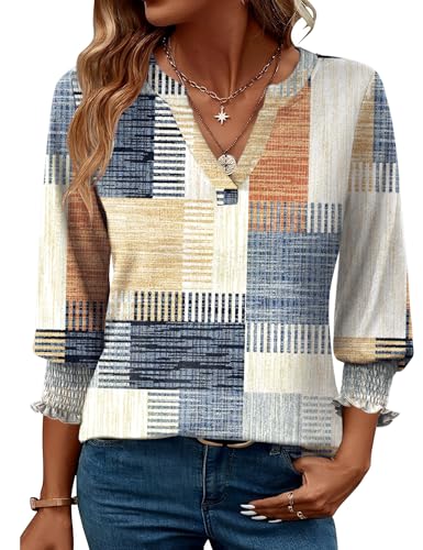 Rapbin Bluse Damen 3/4 arm langerm V-Ausschnitt Tunika Sommer Tops Locker Shirt Elegant Lässig Oberteil 2025 (XXL, Orange-blaues Karomuster)
