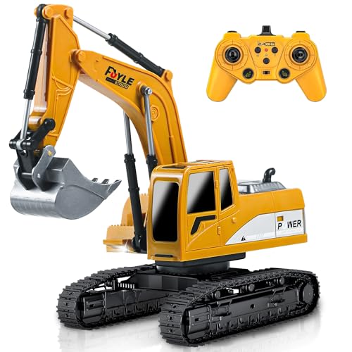 FUYLEY Ferngesteuertes Baggerspielzeug, 2,4 GHz RC Baggerspielzeug für Jungen im Alter von 3 4 5 6 7 8 Jahren, 1:24 Bagger-LKW für Jungen mit Metallschaufel, Lichtern und Geräuschen, 680° Drehung