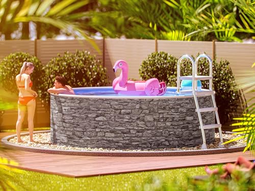 poolomio® Stahlwandpool rund 400 x 120 cm Steinoptik | Robuster Gartenpool als Aufstellbecken oder Einbaupool | Aufstellpool Komplettset mit Innenfolie 0,5 mm, Skimmer & Einlaufdüse