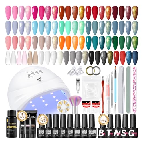 COSCELIA 47PCS Gel Nagellack Set mit UV Lampe, 20 Farben UV Nagellack Rosa Glitzer 3 Pcs Poly Nagel Gel Base Top Coat Gel Farblack für Gelnägel Maniküre Starter Set