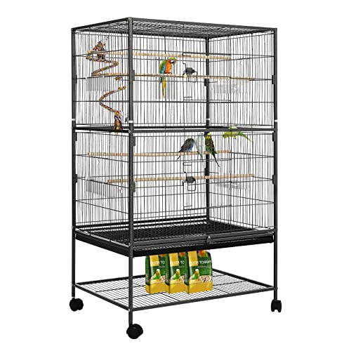 LIFERUN Vogelkäfig groß, Vogelkäfig aus Metall, Vogelbauer mit 4 Rollen, Wellensittich käfig mit Futternapf, Käfigspielzeug, Spring-Schaukel für Vogel mit 2 Türen 4 Holzstangen, 132 x 78 x 52 cm