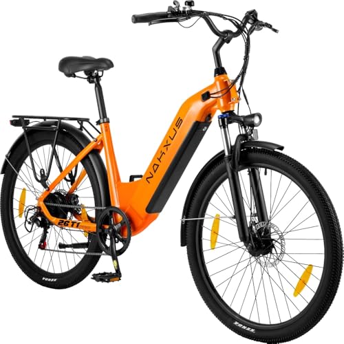 nakxus 26T1 Elektrofahrrad 26 Zoll E-Bike, 36V 18.2Ah Akku herausnehmbar, 250W Motor, LCD-Display, 7-Gang, Reichweite 90-130 km, 25 km/h, IPX5 wasserdicht für Erwachsene orange