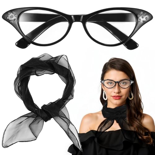 Sorcristy 50er Jahre Rockabilly Accessoires 2 Stück Rockabilly Kleider Damen Vintage Kleidungszubehör, Schwarz Schal und Gläser Französische Kostüm Zubehör Set für Mädchen